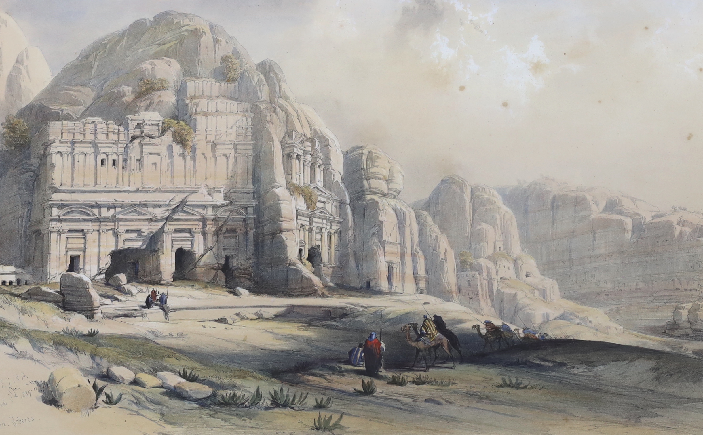 David Roberts (Scottish, 1796-1864), colour lithograph, 'Petra, Eastern End of the Valley’ publ. F.G. Moon, July 1st 1842, 36 x 53cm